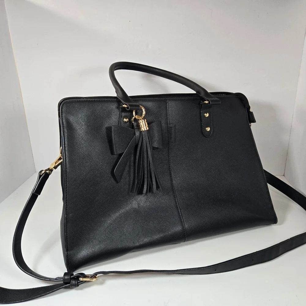 ECOSUSI Black Vegan Leather Laptop Briefcase Bag with Bow and Tassel Accent Mens